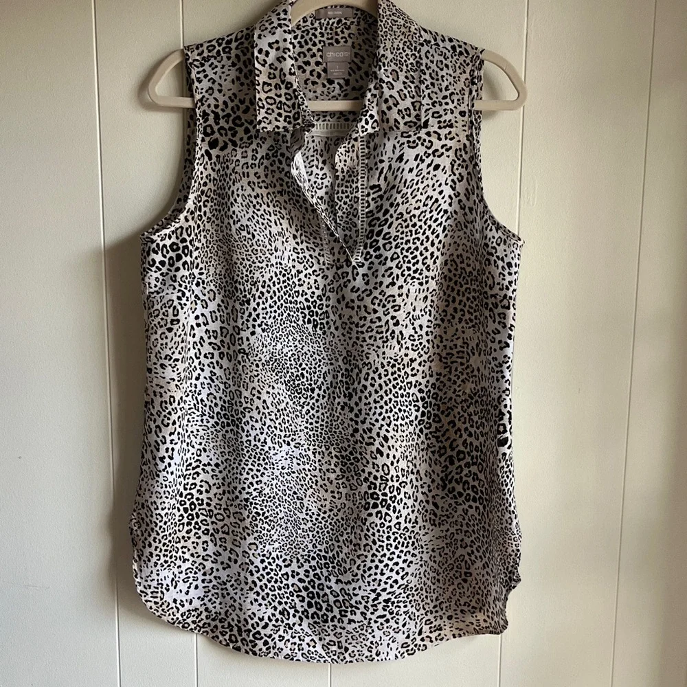 Chico's Black and White Animal Print Sleeveless Linen No Iron Blouse Sz 10 - Picture 2 of 12